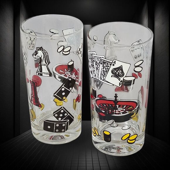 Vintage Hazel Atlas Rumpus Room Casino Glasses Set of 2 Poker Dice Cards Barware - Picture 4 of 8